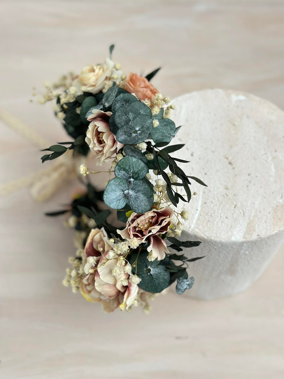 Pastel Eucalyptus Wedding Hair Wreath: Blush Bridal Flower Crown – handmade floral hair accessory by magaela