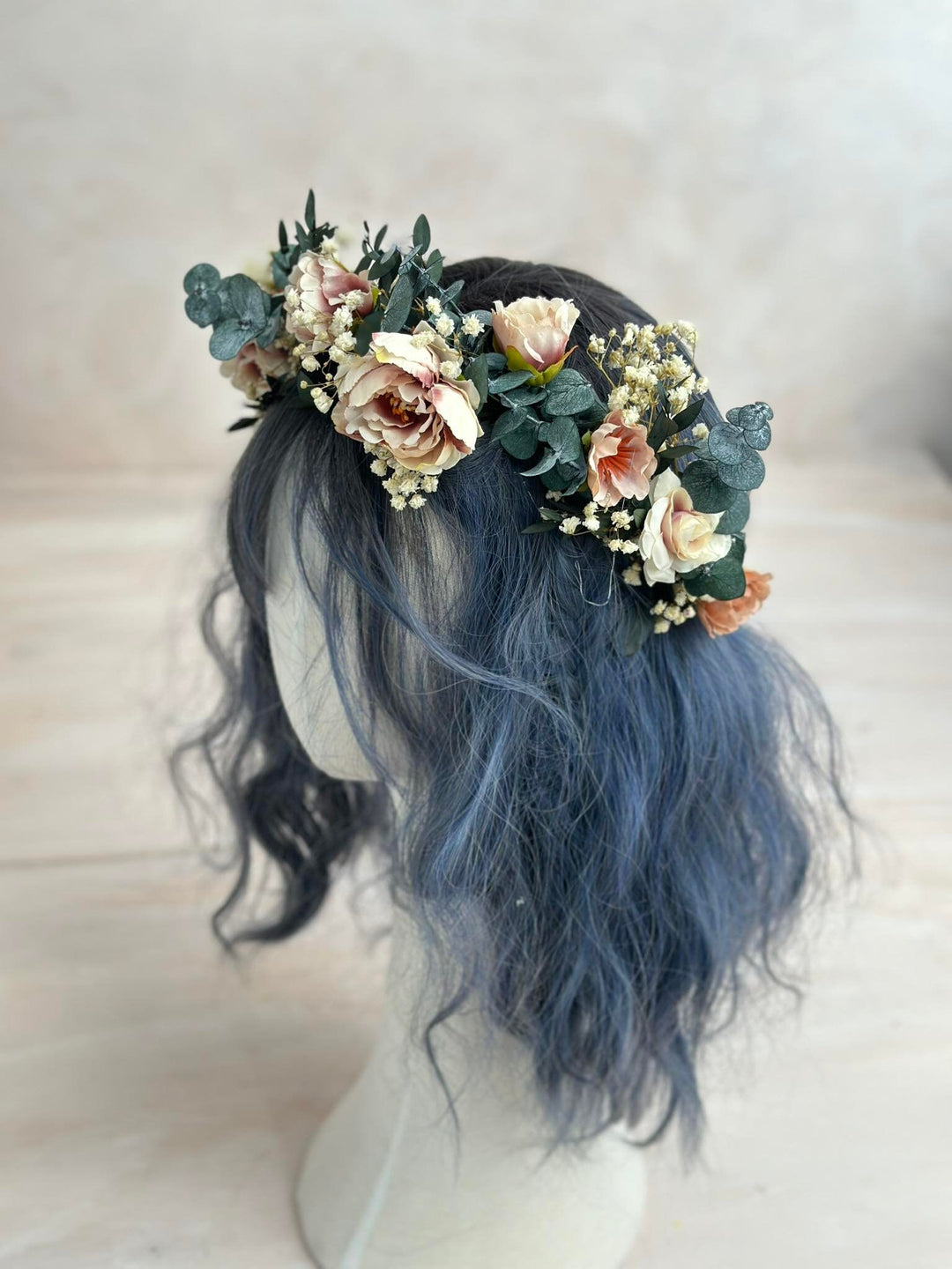 Pastel Eucalyptus Wedding Hair Wreath: Blush Bridal Flower Crown – handmade floral hair accessory by magaela