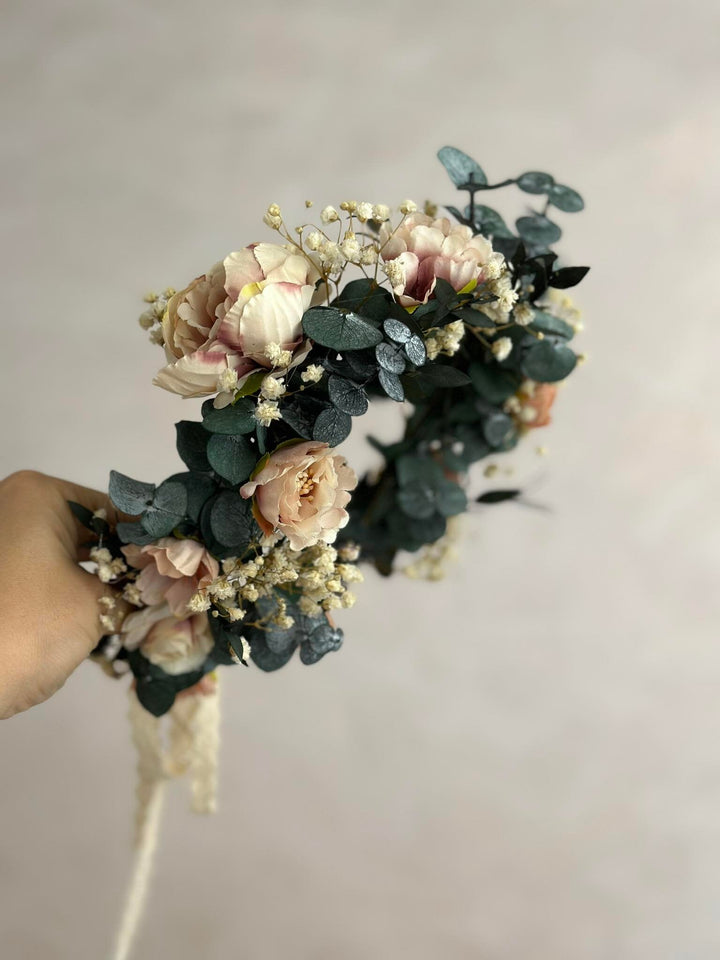 Pastel Eucalyptus Wedding Hair Wreath: Blush Bridal Flower Crown – handmade floral hair accessory by magaela