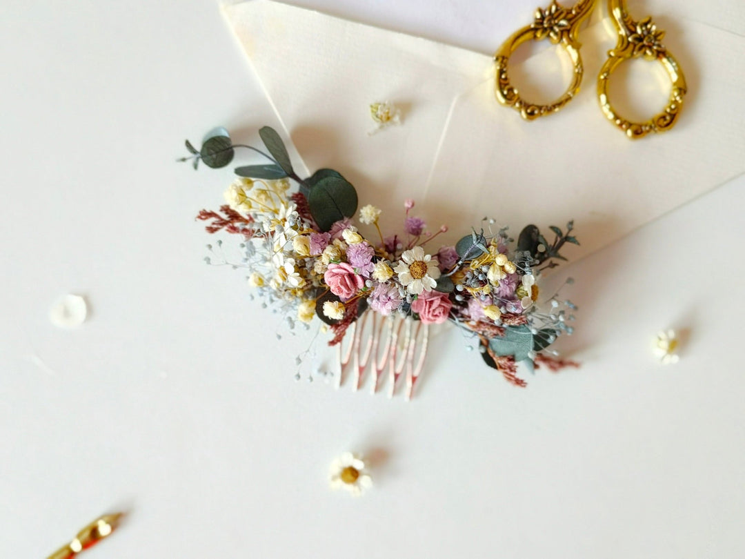 Pink Purple Flower Bridal Set: Boho Wedding Hair Comb, Boutonniere – handmade floral hair accessory by magaela