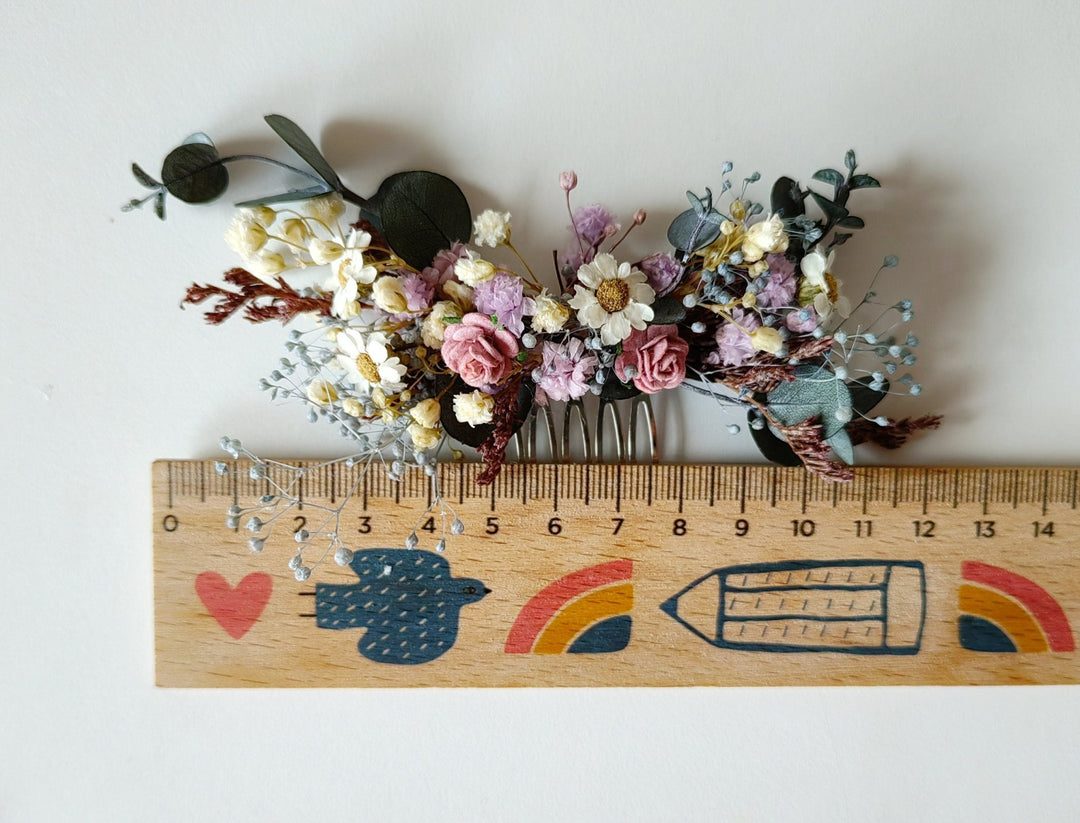 Pink Purple Flower Bridal Set: Boho Wedding Hair Comb, Boutonniere – handmade floral hair accessory by magaela