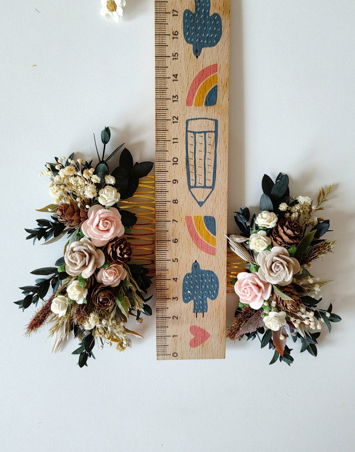 Woodland Wedding Flower Hair Comb Set: Rustic Pine Cone Hair Accessories – handmade floral hair accessory by magaela
