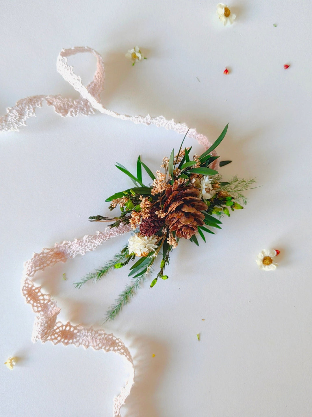 Woodland Wedding Bracelet: Pine Cone Flower Bridal Jewelry – handmade floral hair accessory by magaela
