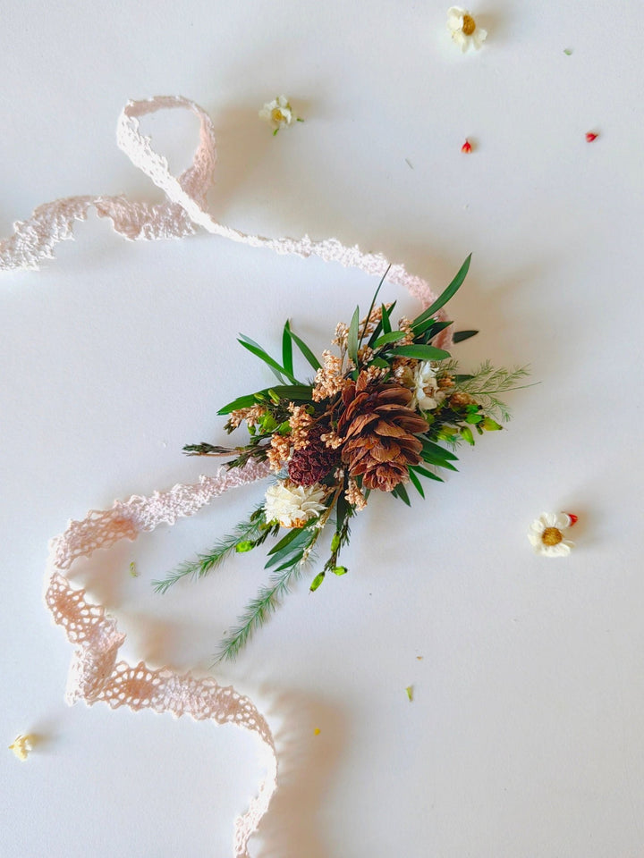 Woodland Wedding Bracelet: Pine Cone Flower Bridal Jewelry – handmade floral hair accessory by magaela