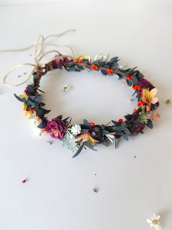 Autumn Flower Hair Wreath: Woodland Wedding Headpiece with Blueberries – handmade floral hair accessory by magaela