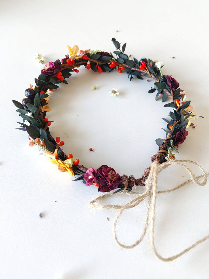 Autumn Flower Hair Wreath: Woodland Wedding Headpiece with Blueberries – handmade floral hair accessory by magaela
