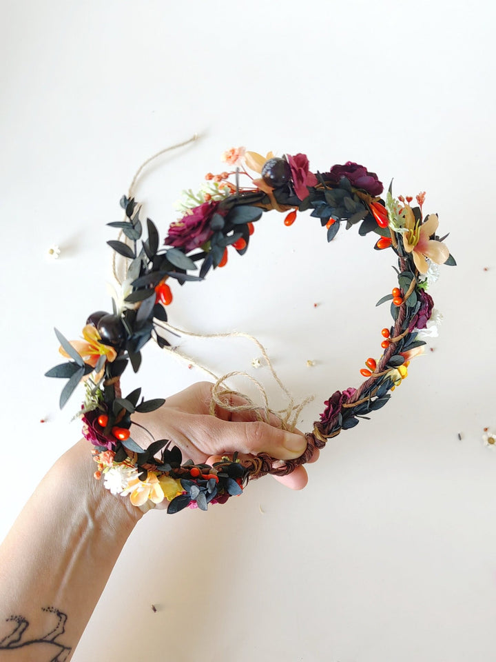 Autumn Flower Hair Wreath: Woodland Wedding Headpiece with Blueberries – handmade floral hair accessory by magaela