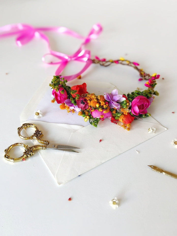 Magenta Flower Half Wreath: Boho Wedding Headpiece – handmade floral hair accessory by magaela