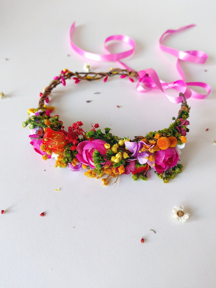 Magenta Flower Half Wreath: Boho Wedding Headpiece – handmade floral hair accessory by magaela