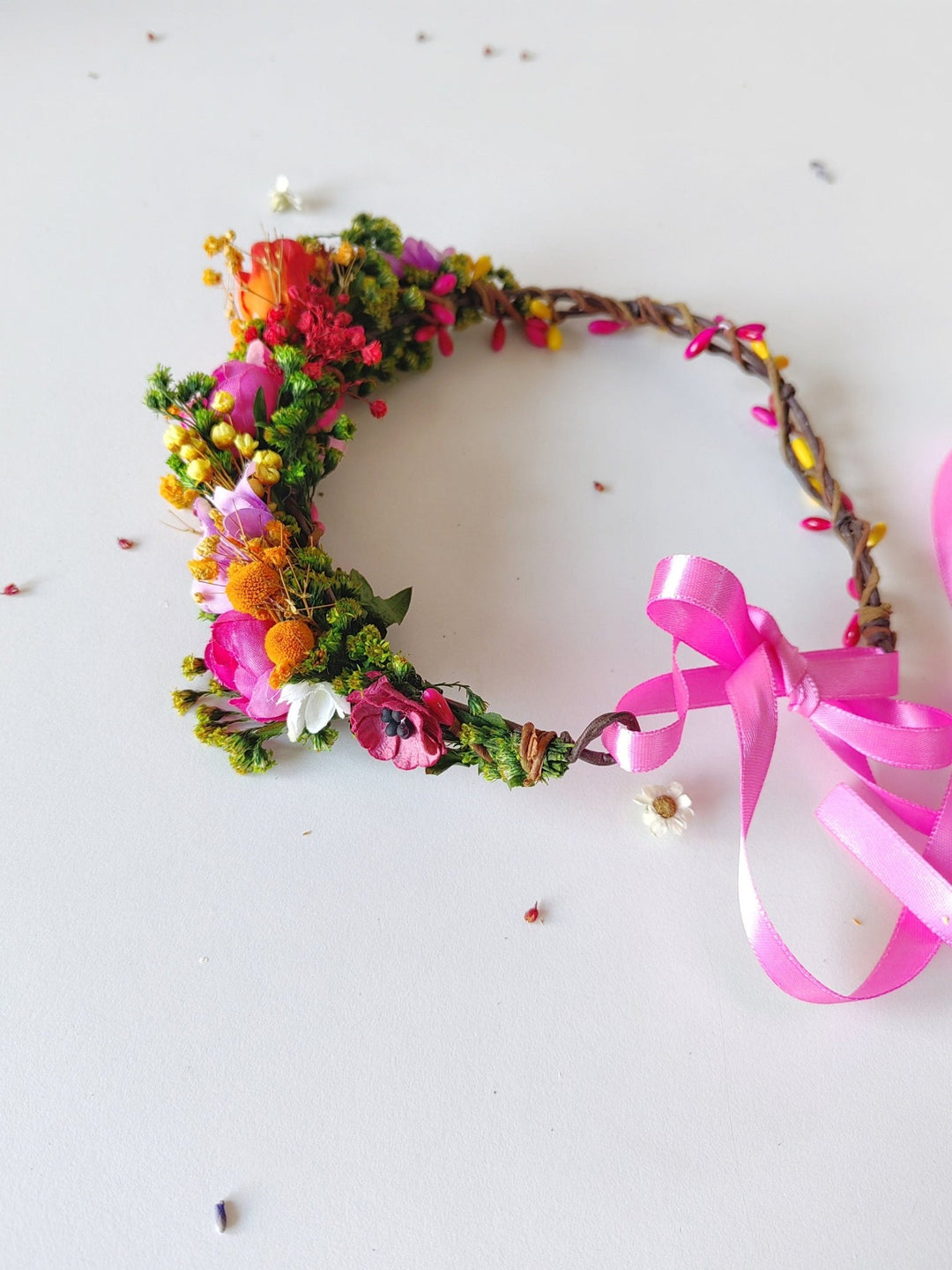Magenta Flower Half Wreath: Boho Wedding Headpiece – handmade floral hair accessory by magaela