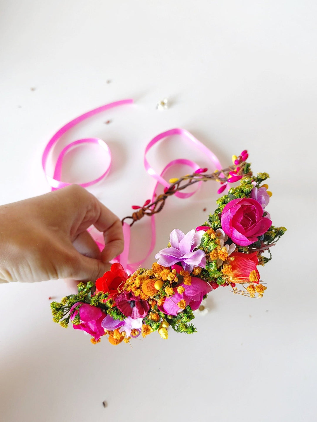 Magenta Flower Half Wreath: Boho Wedding Headpiece – handmade floral hair accessory by magaela