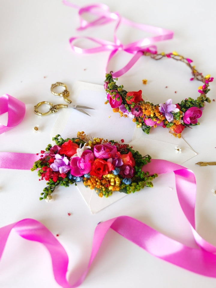 Magenta Flower Half Wreath: Boho Wedding Headpiece – handmade floral hair accessory by magaela