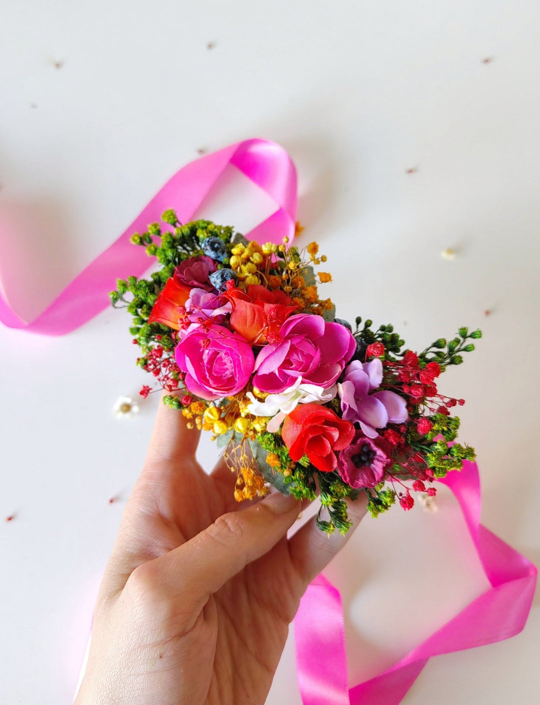 Magenta Floral Bridal Belt: Boho Wedding Flower Sash – handmade floral hair accessory by magaela