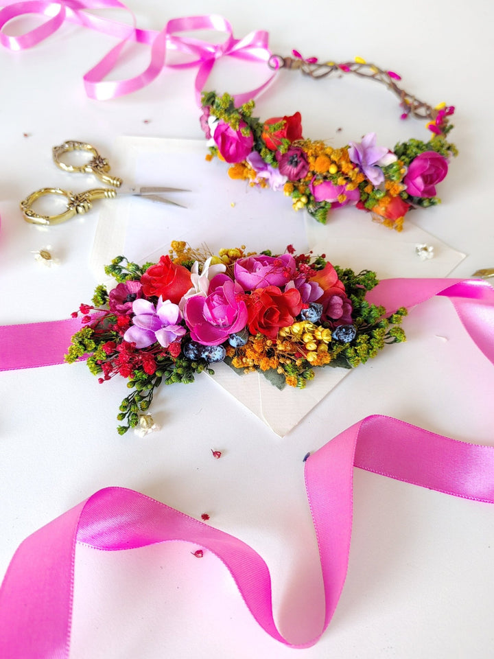 Magenta Floral Bridal Belt: Boho Wedding Flower Sash – handmade floral hair accessory by magaela