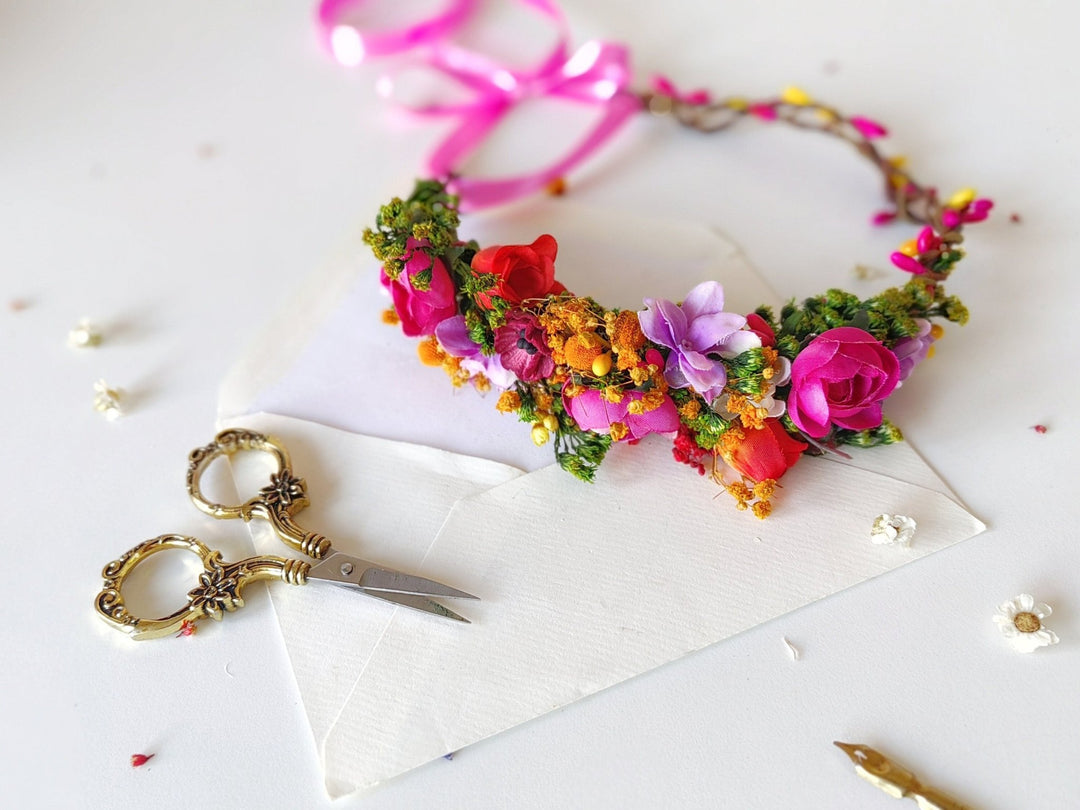 Magenta Flower Half Wreath: Boho Wedding Headpiece – handmade floral hair accessory by magaela