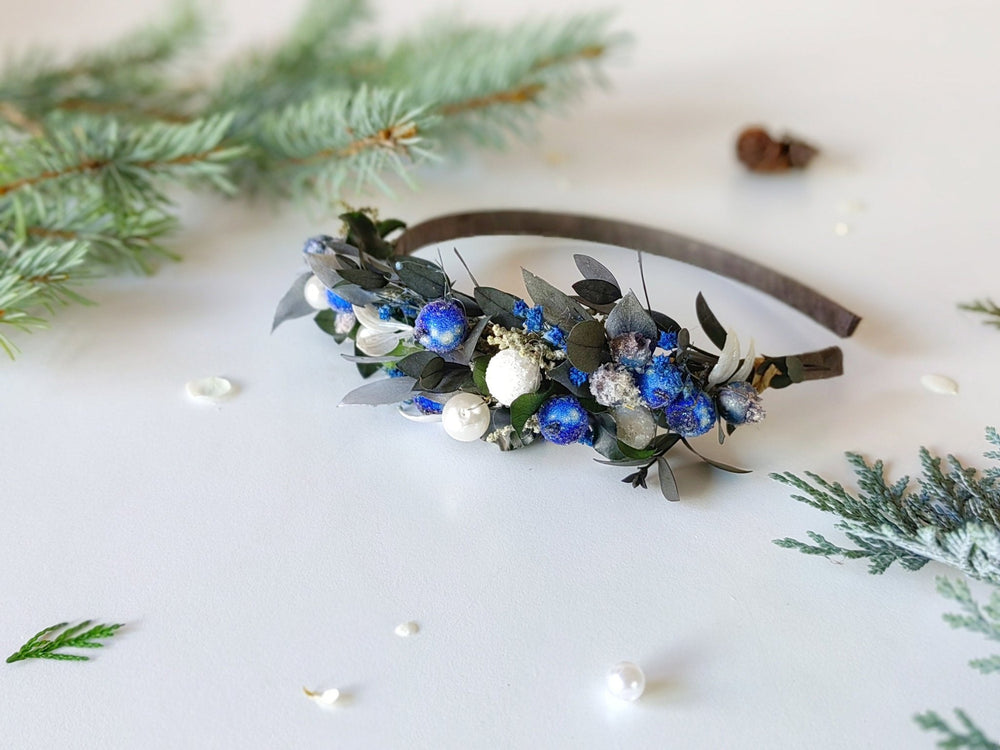Winter flower headband with frozen blueberries hairband Bridal headpiece Flower girl Frozen berries Customisable headdress Magaela Jewelry – handmade floral hair accessory by magaela