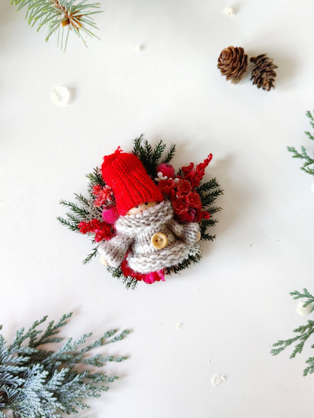Christmas Doll Brooch: Winter Flower Pin, Xmas Gift – handmade floral hair accessory by magaela