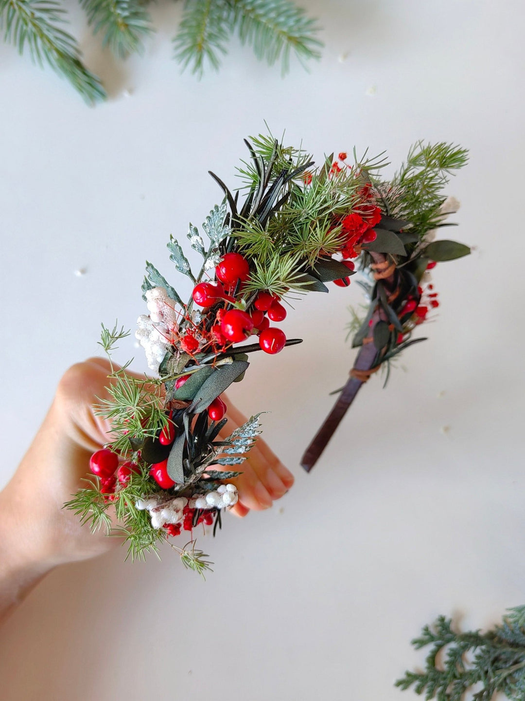 Christmas Woodland Headband: Red Berry & Needle Crown – handmade floral hair accessory by magaela