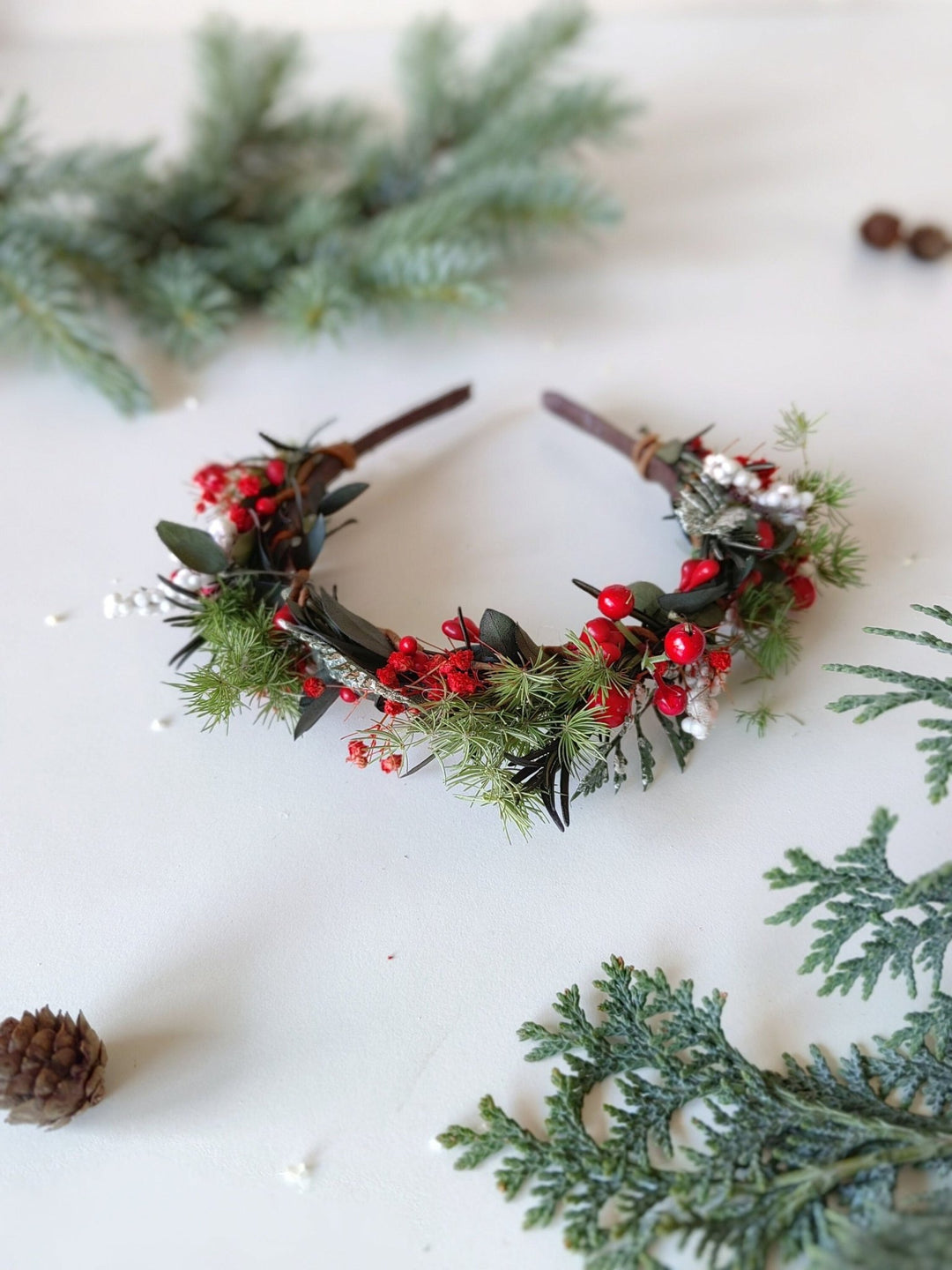 Christmas Woodland Headband: Red Berry & Needle Crown – handmade floral hair accessory by magaela
