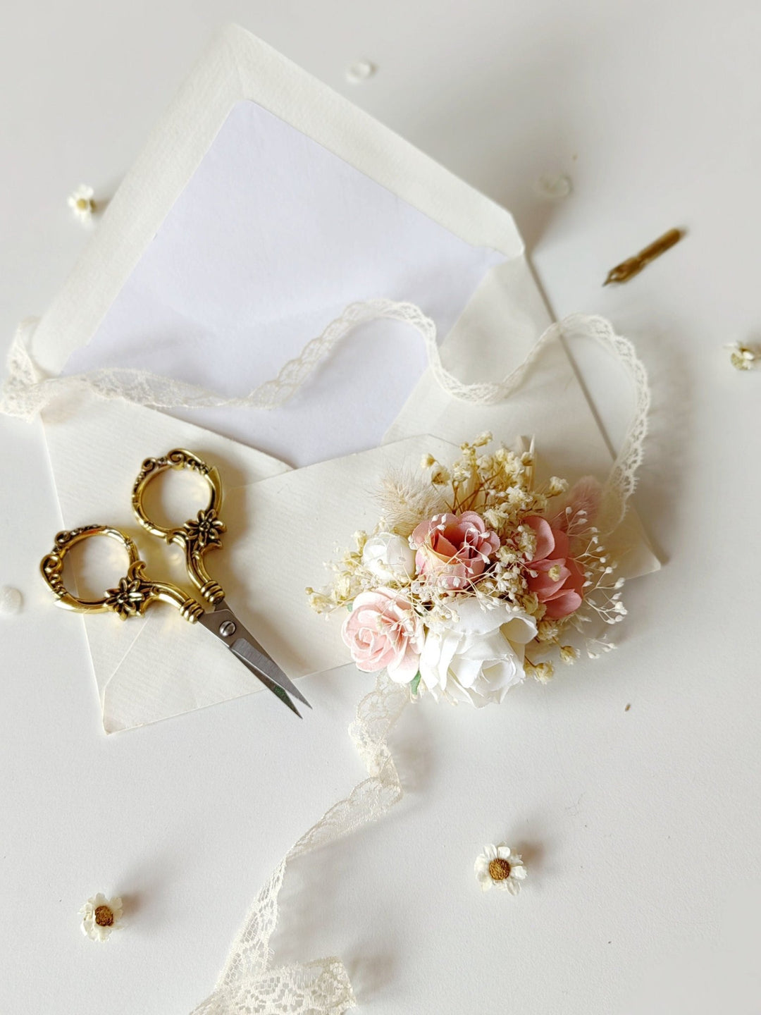 Floral Bracelet: Romantic Pastel Pink Cream Flower Corsage – handmade floral hair accessory by magaela