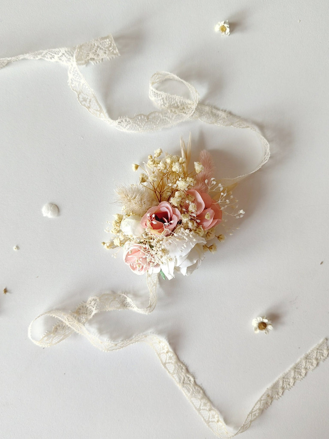 Floral Bracelet: Romantic Pastel Pink Cream Flower Corsage – handmade floral hair accessory by magaela