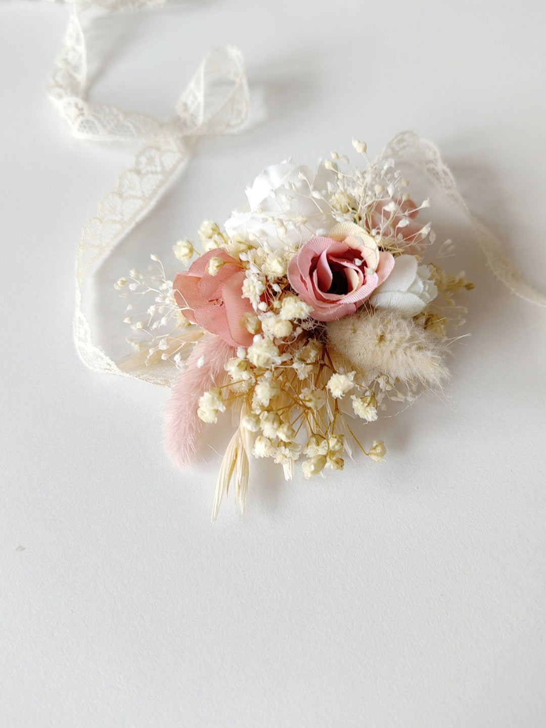 Floral Bracelet: Romantic Pastel Pink Cream Flower Corsage – handmade floral hair accessory by magaela