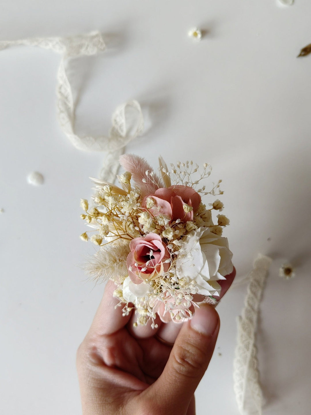 Floral Bracelet: Romantic Pastel Pink Cream Flower Corsage – handmade floral hair accessory by magaela