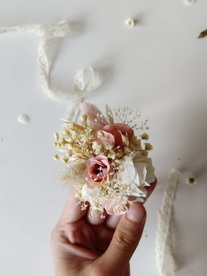 Floral Bracelet: Romantic Pastel Pink Cream Flower Corsage – handmade floral hair accessory by magaela