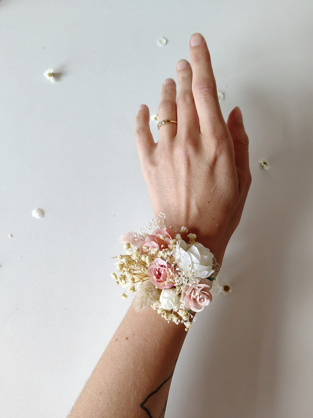 Floral Bracelet: Romantic Pastel Pink Cream Flower Corsage – handmade floral hair accessory by magaela