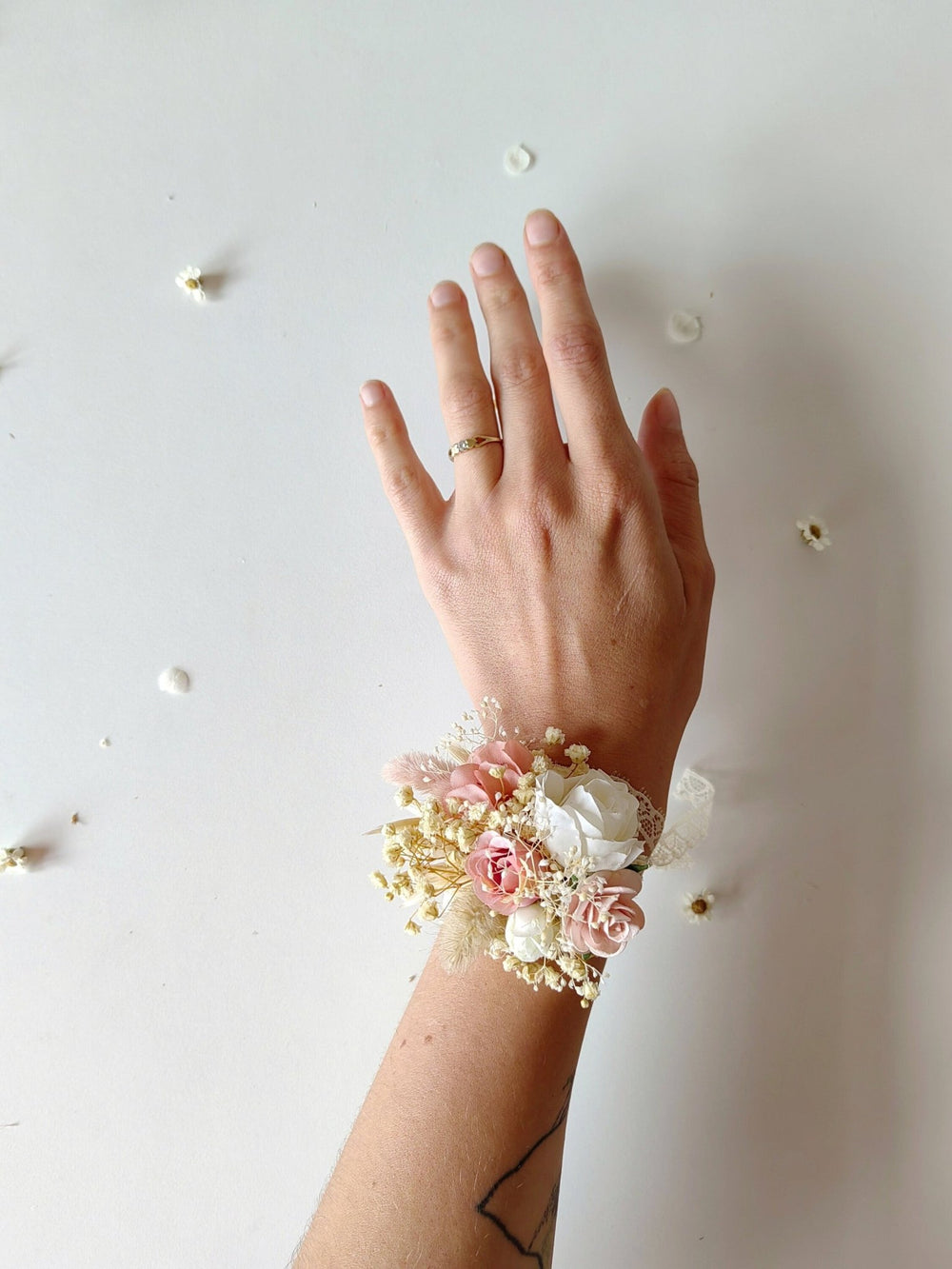 Floral Bracelet: Romantic Pastel Pink Cream Flower Corsage – handmade floral hair accessory by magaela