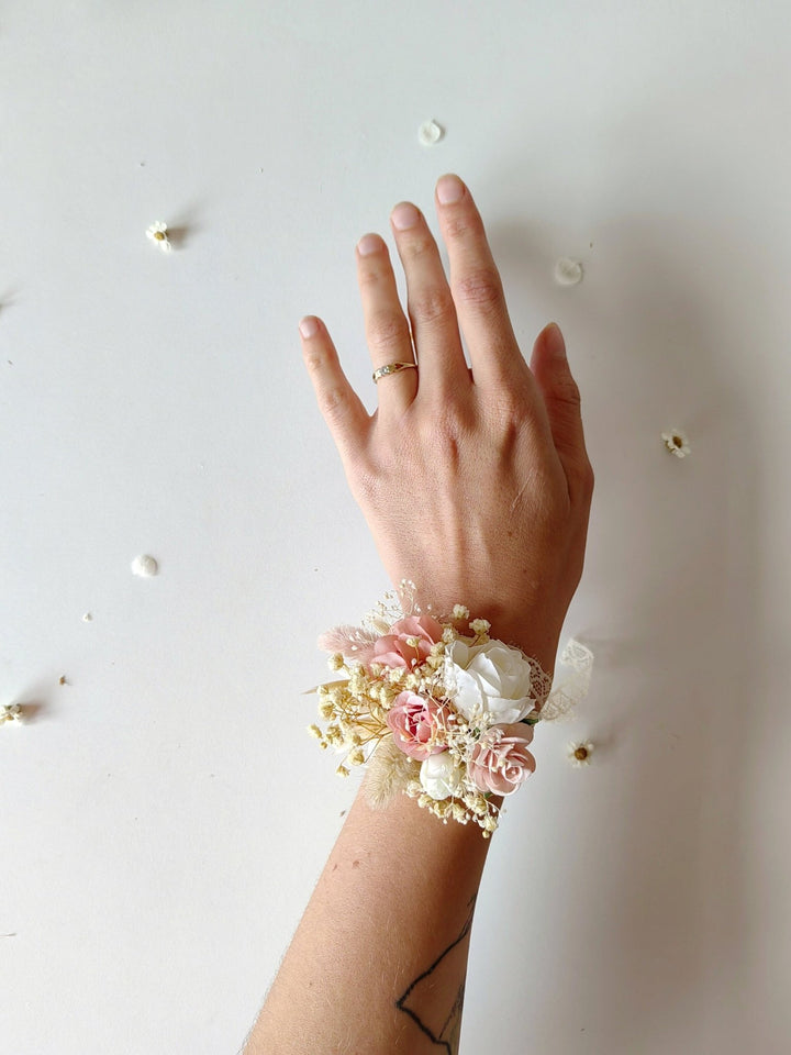 Floral Bracelet: Romantic Pastel Pink Cream Flower Corsage – handmade floral hair accessory by magaela