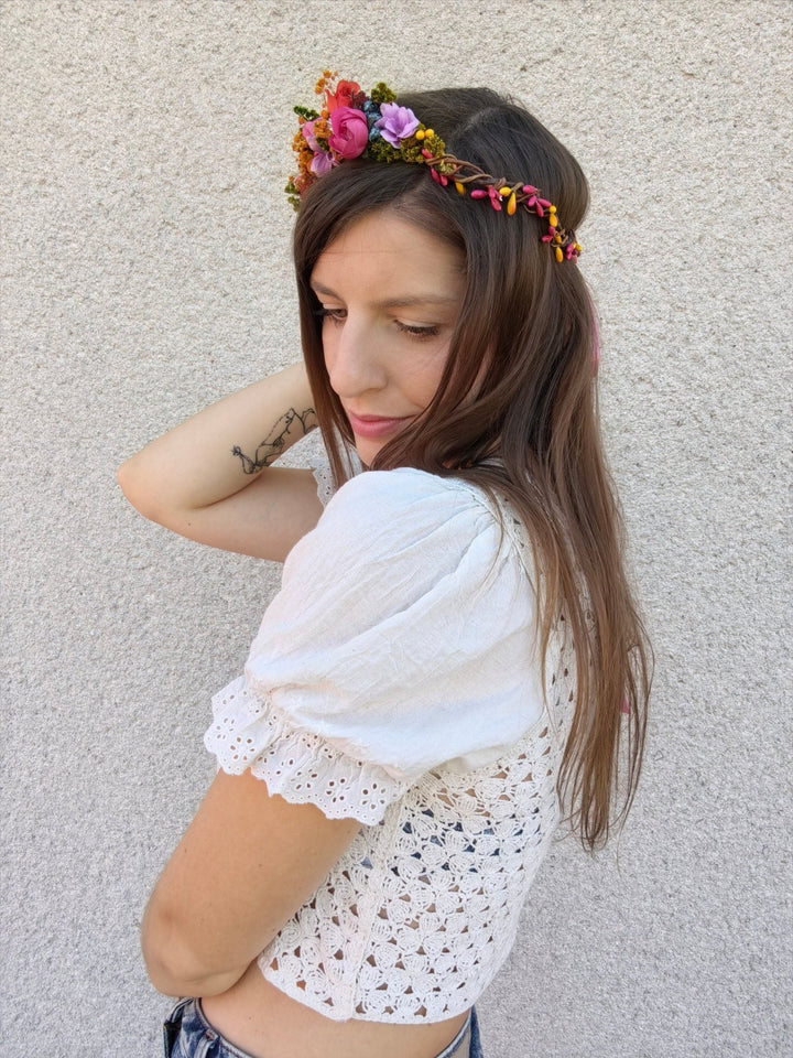 Magenta Flower Half Wreath: Boho Wedding Headpiece – handmade floral hair accessory by magaela