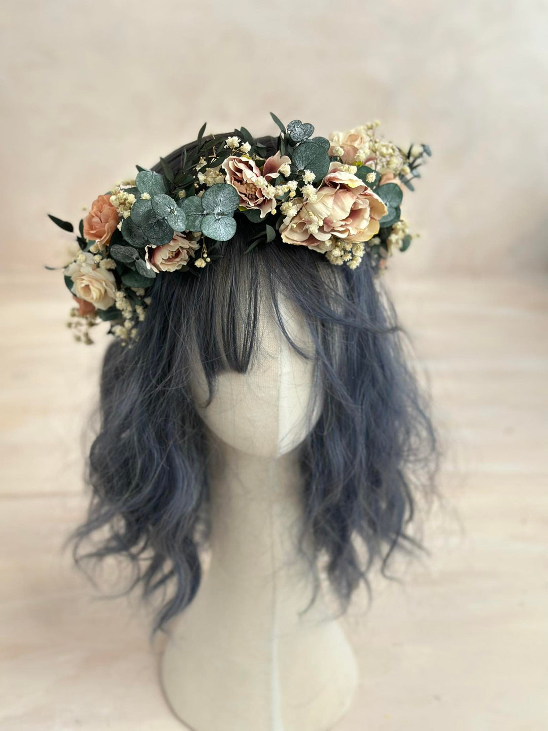 Pastel Eucalyptus Wedding Hair Wreath: Blush Bridal Flower Crown – handmade floral hair accessory by magaela