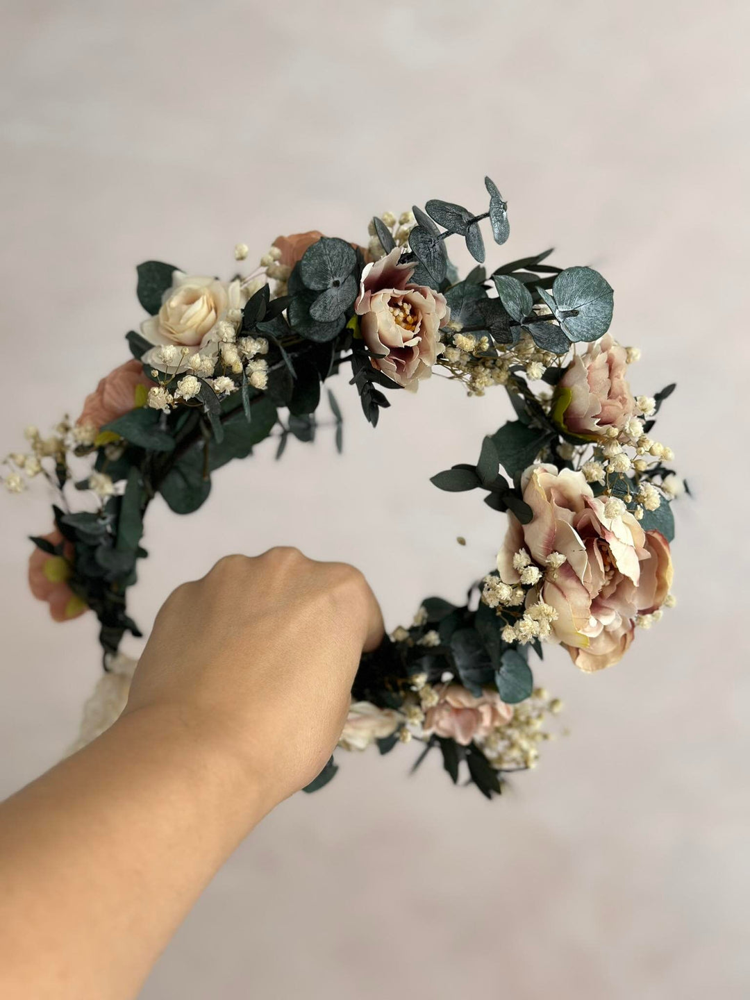 Pastel Eucalyptus Wedding Hair Wreath: Blush Bridal Flower Crown – handmade floral hair accessory by magaela