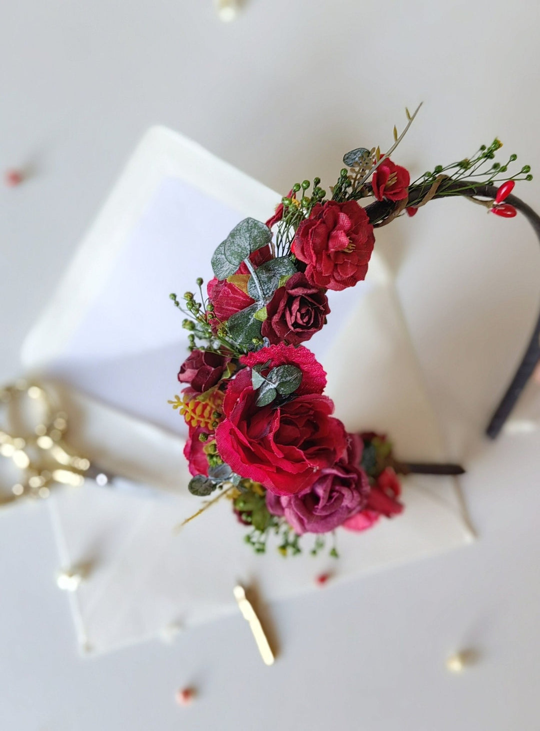 Red Flower Bridal Headband: Autumn Wedding Floral Headpiece – handmade floral hair accessory by magaela