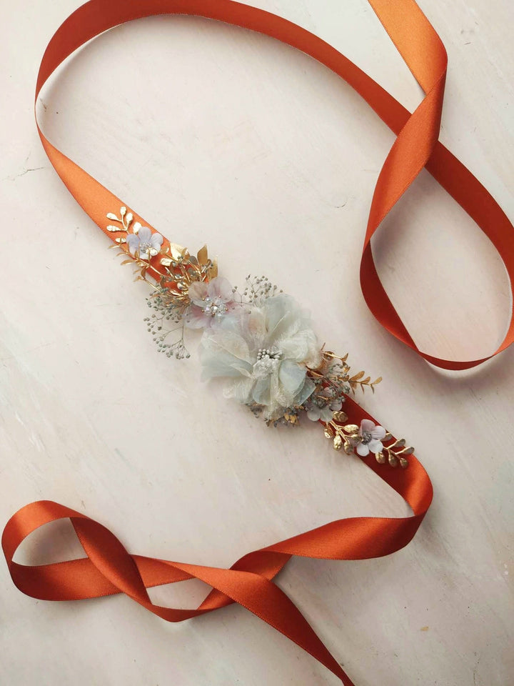 Vintage Mint & Gold Flower Belt: Cottagecore Bridal Accessory – handmade floral hair accessory by magaela