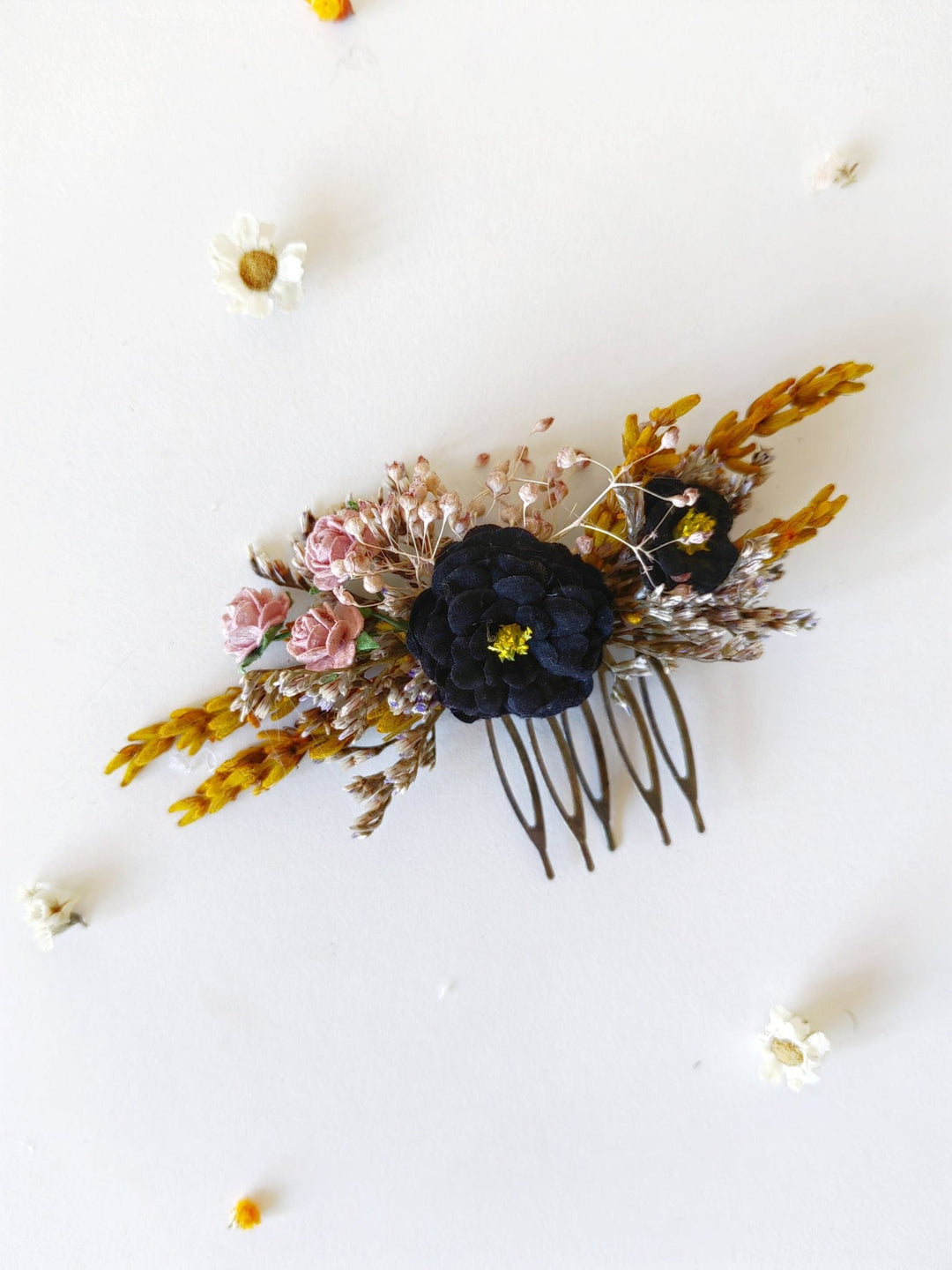 Ochre & Black Flower Hair Comb: Autumn Wedding Bridal Clip – handmade floral hair accessory by magaela