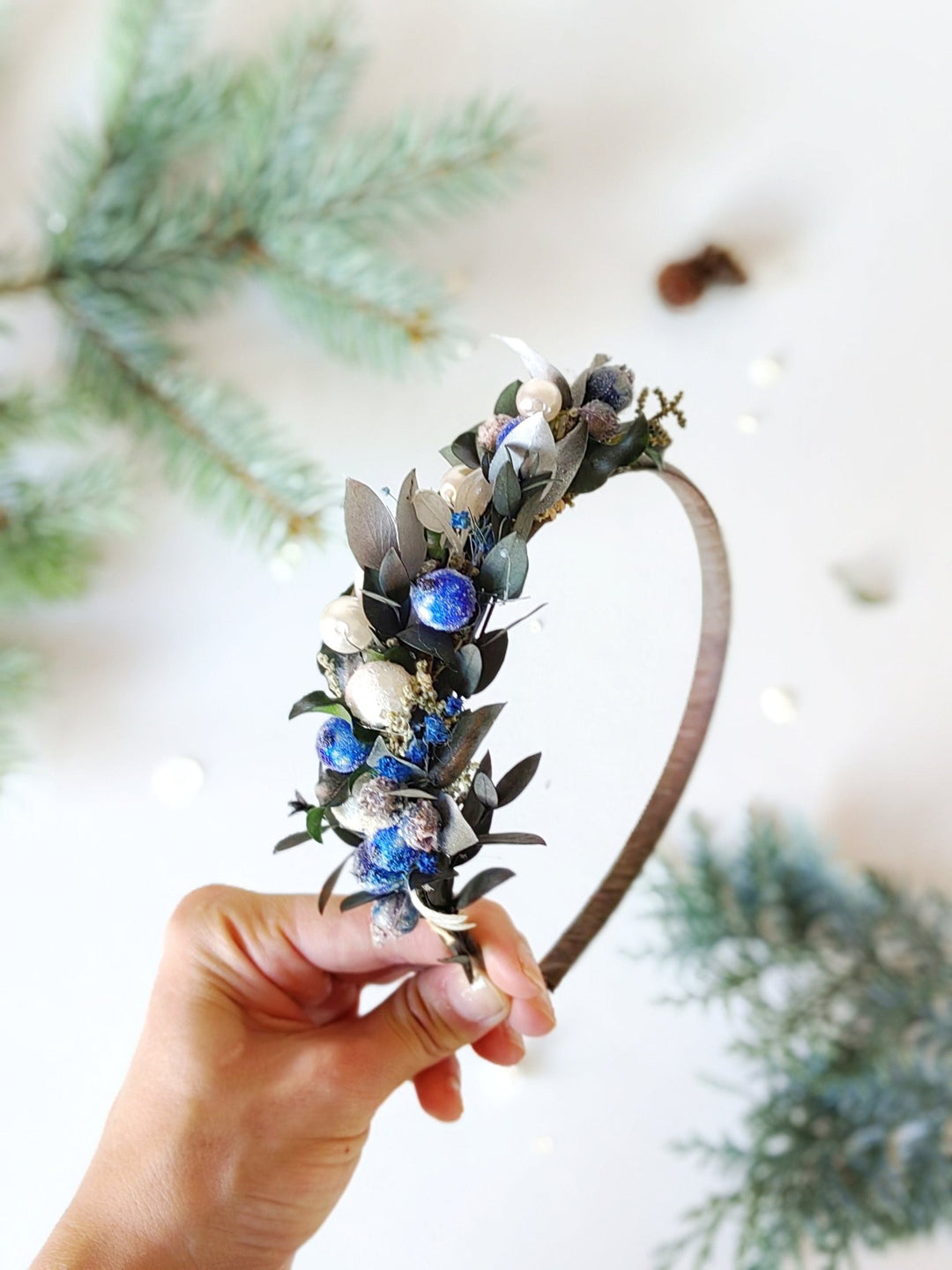 Winter flower headband with frozen blueberries hairband Bridal headpiece Flower girl Frozen berries Customisable headdress Magaela Jewelry – handmade floral hair accessory by magaela