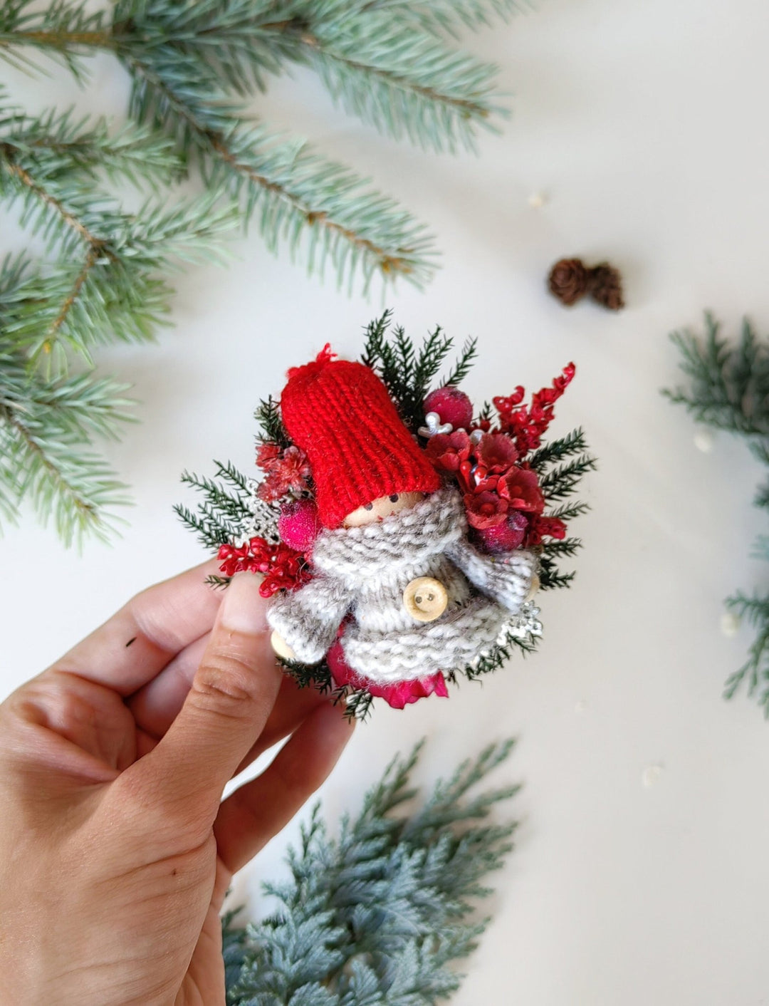 Christmas Doll Brooch: Winter Flower Pin, Xmas Gift – handmade floral hair accessory by magaela