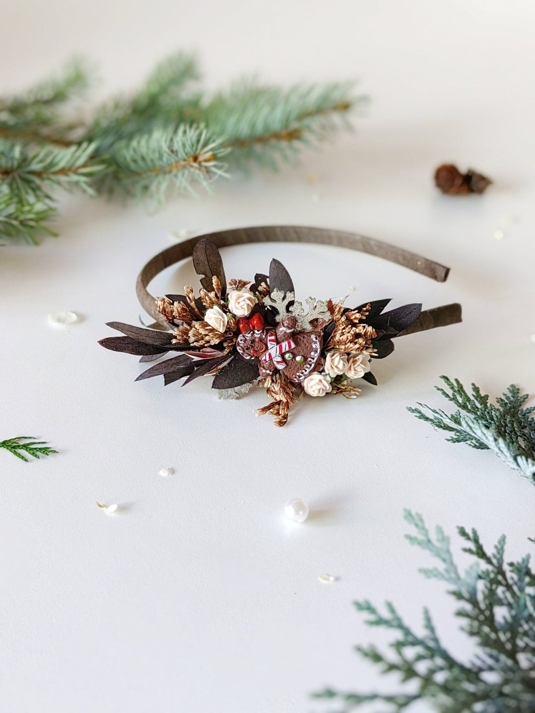 Gingerbread Christmas Headband: Powder Tone Winter Flower Accessory – handmade floral hair accessory by magaela
