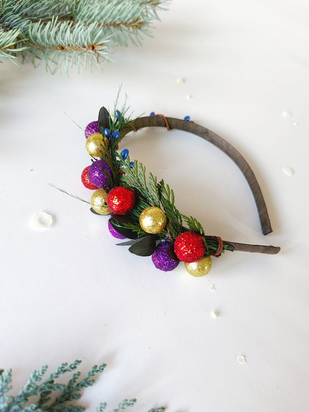 Christmas Ball Headband: Funky Holiday Party Headpiece – handmade floral hair accessory by magaela