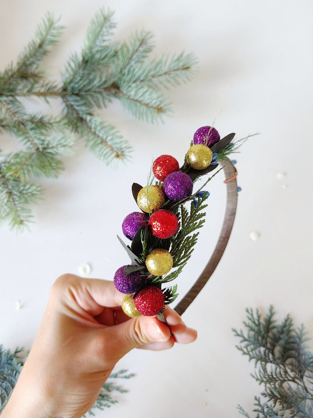Christmas Ball Headband: Funky Holiday Party Headpiece – handmade floral hair accessory by magaela