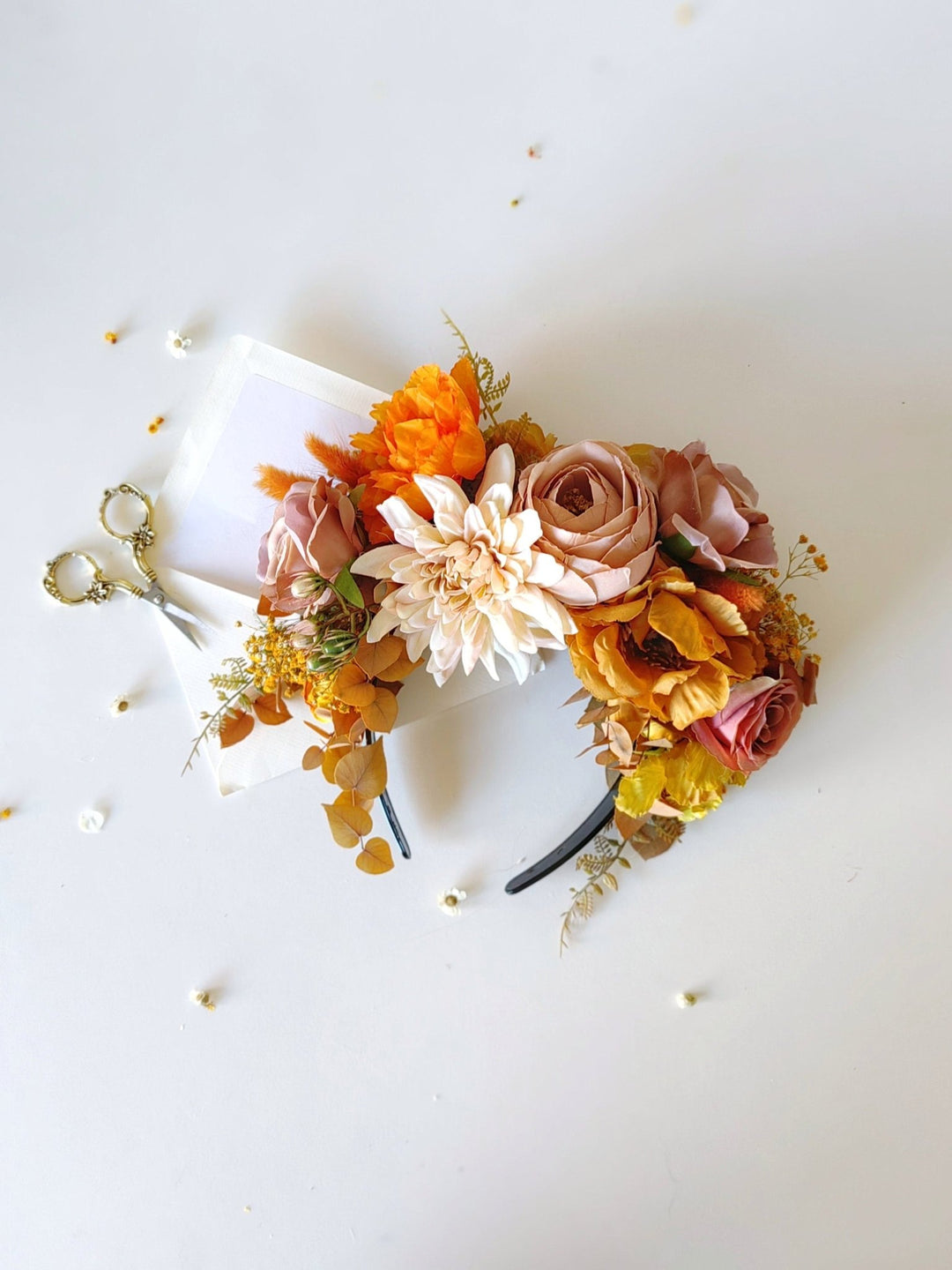 Ochre Floral Headband: Frida Inspired Boho Headpiece – handmade floral hair accessory by magaela