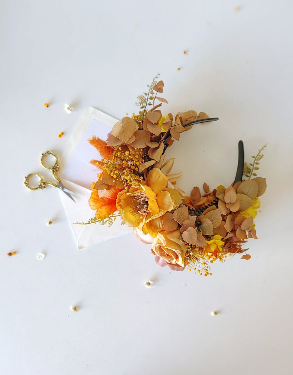 Ochre Floral Headband: Frida Inspired Boho Headpiece – handmade floral hair accessory by magaela