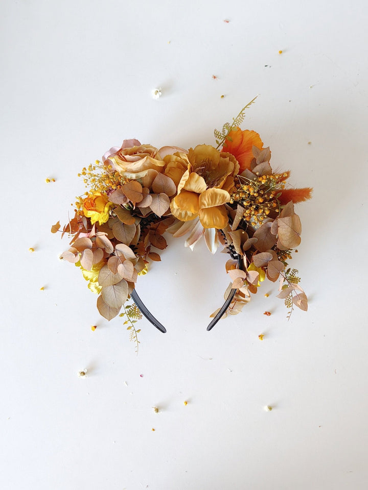 Ochre Floral Headband: Frida Inspired Boho Headpiece – handmade floral hair accessory by magaela