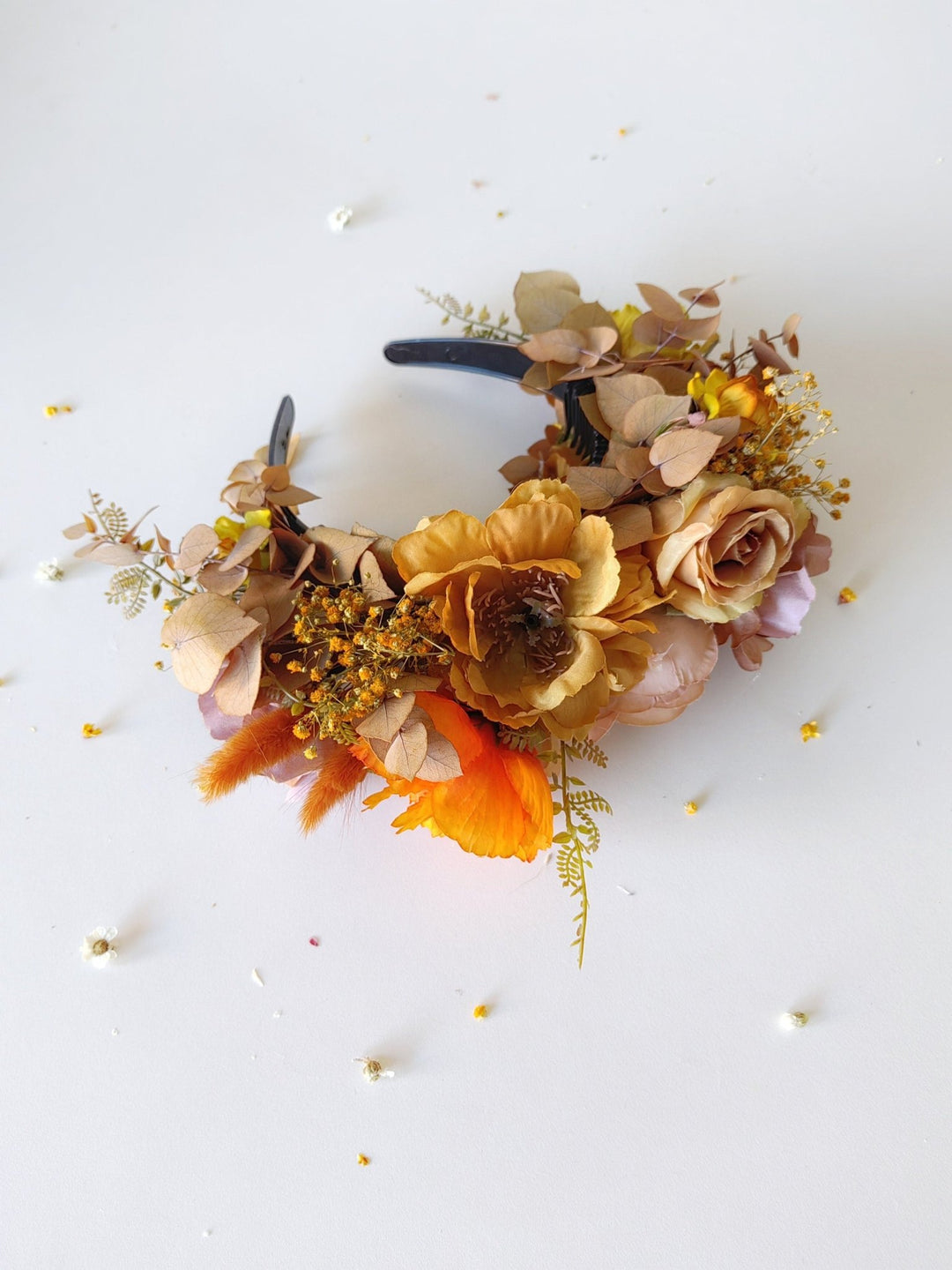 Ochre Floral Headband: Frida Inspired Boho Headpiece – handmade floral hair accessory by magaela