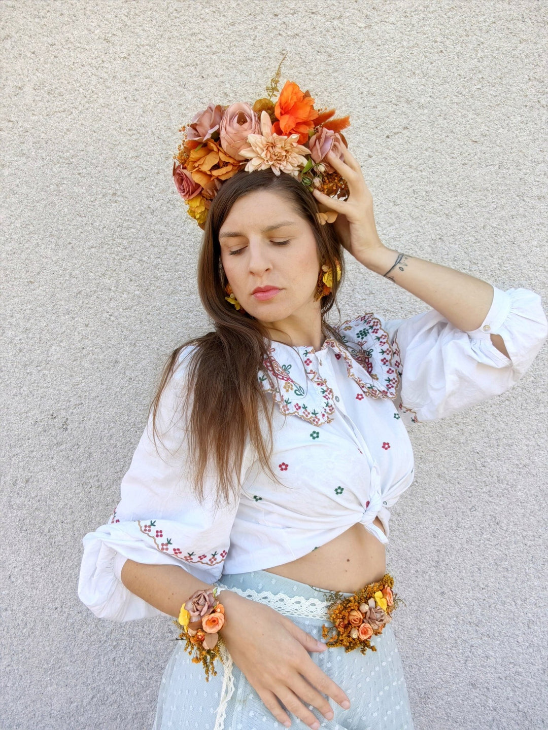 Ochre Floral Headband: Frida Inspired Boho Headpiece – handmade floral hair accessory by magaela