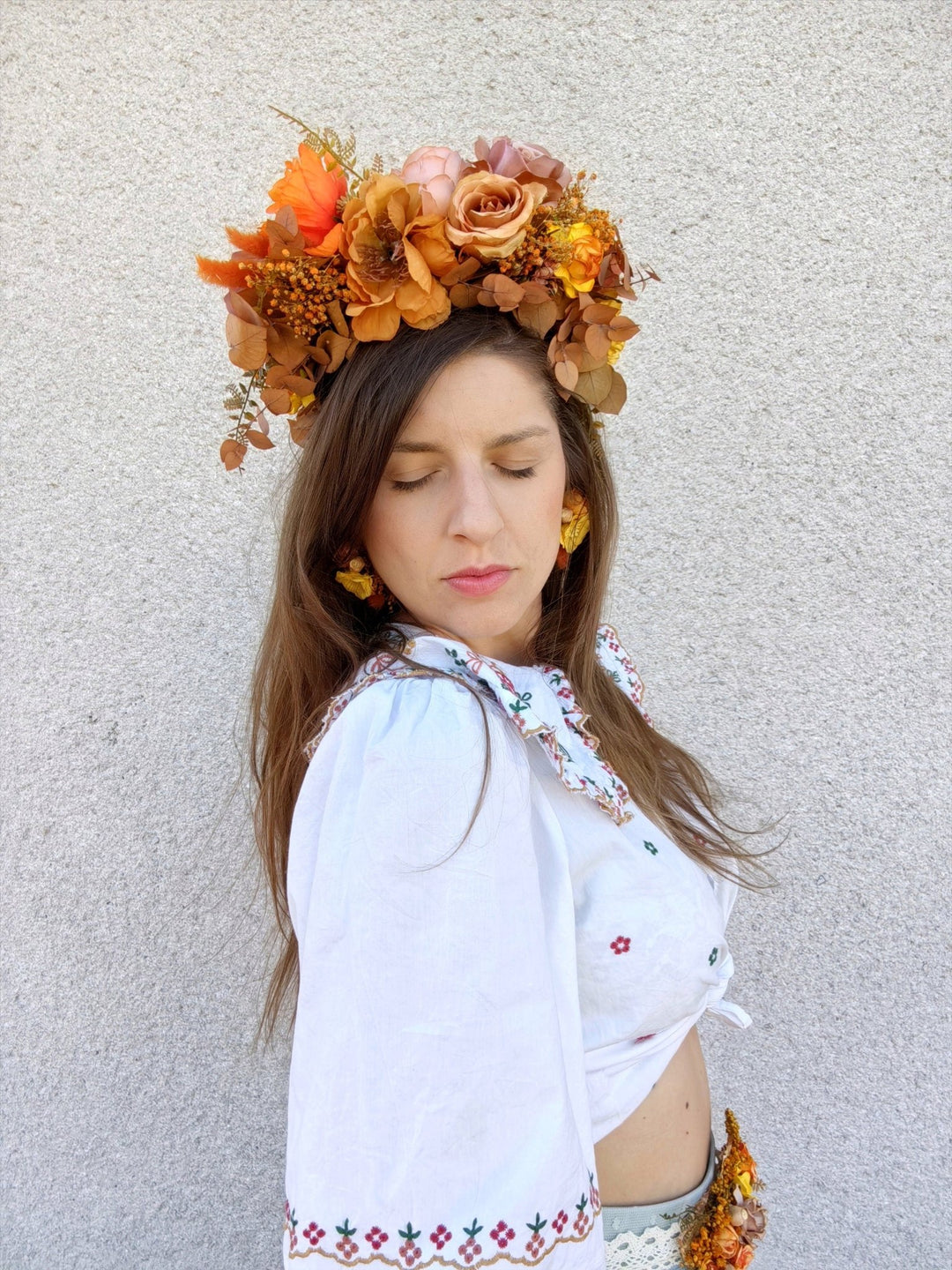 Ochre Floral Headband: Frida Inspired Boho Headpiece – handmade floral hair accessory by magaela