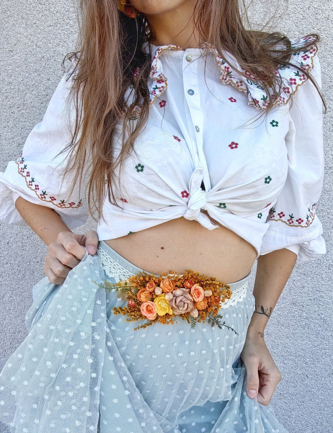 Autumn Flower Bridal Belt: Blush, Orange & Yellow Boho Wedding – handmade floral hair accessory by magaela