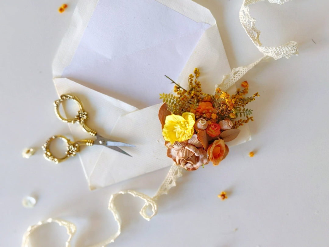 Autumn Flower Bracelet: Burnt Orange Wedding Wrist Corsage – handmade floral hair accessory by magaela